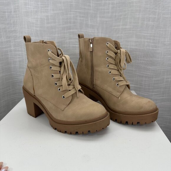 Tan Beige Chunky Faux Suede Lace-Up Hiker Bootie - Size 7 Wide Width - Picture 7 of 13